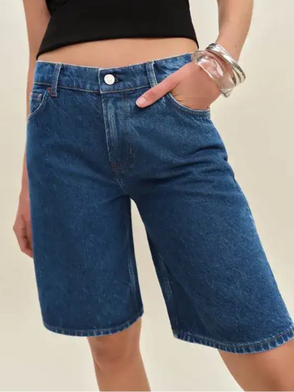 Low Rise Reformation Dark Blue Long Denim Shorts